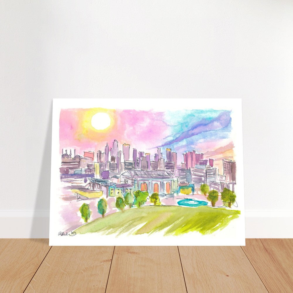 Kansas City Missouri Cityscape and Skyline in Watercolor Sunset - Limited Edition Fine Art Print - Original Painting available