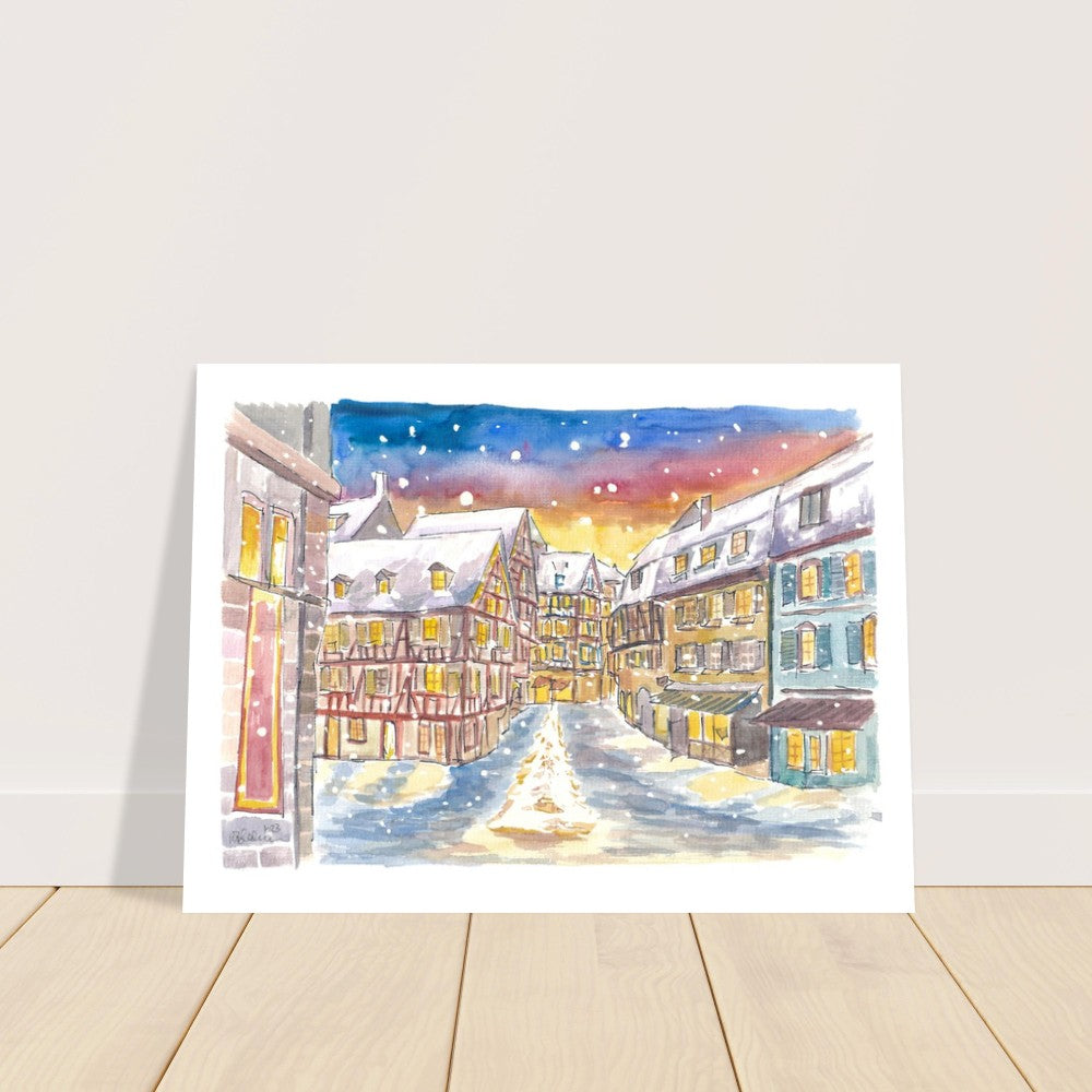 Snowing and Festive Colmar in Alsace with Old Town - Limited Edition Fine Art Print - Original Painting available