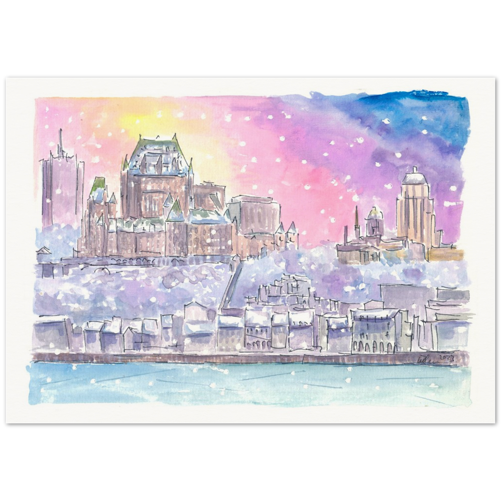 Quebec Canada Nightly Winter Scene with Castle and St Lawrence River - Limited Edition Fine Art Print - Original Painting available