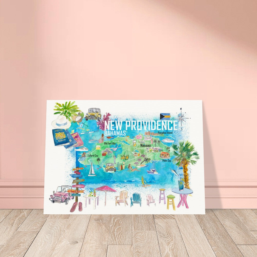 New Providence Bahamas Illustrated Island Travel Map with Landmarks and Highlights - Fine Art Print