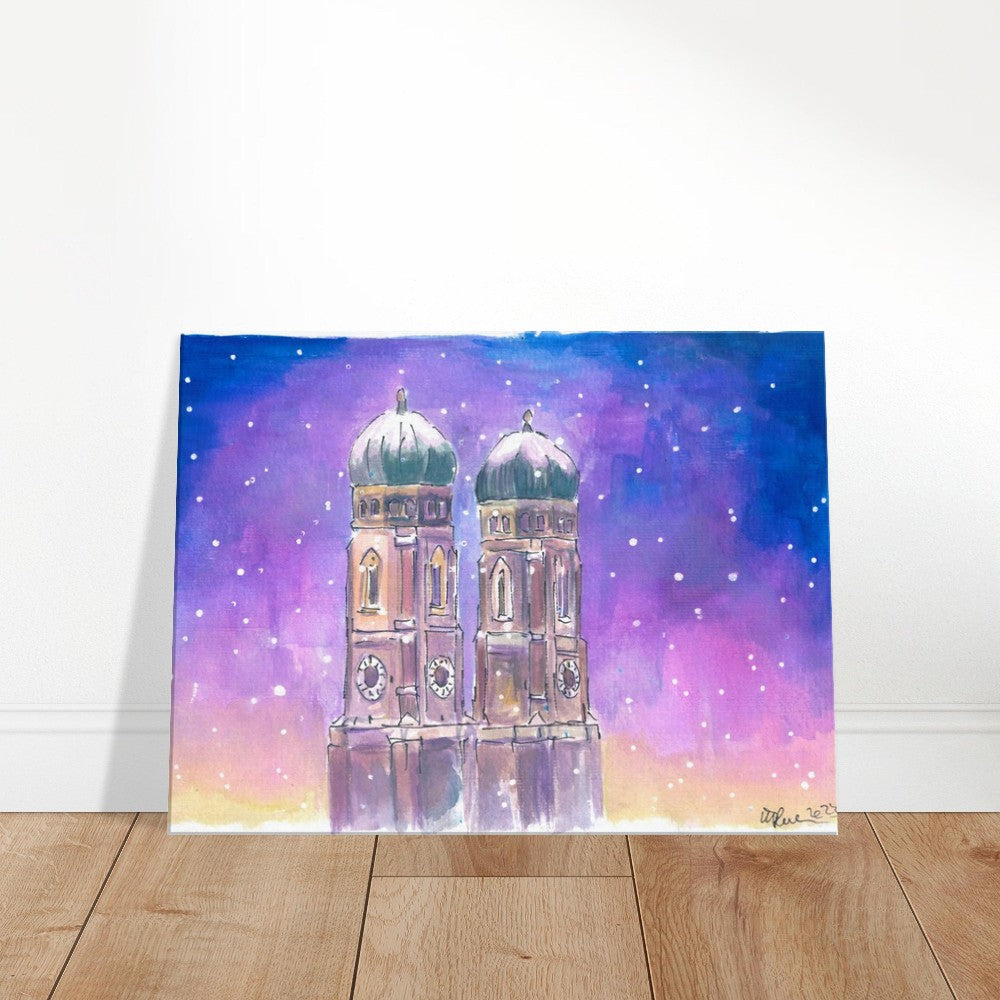 Quiet Munich Nightly Snowfall with Church of our Lady - Limited Edition Fine Art Print - Original Painting available