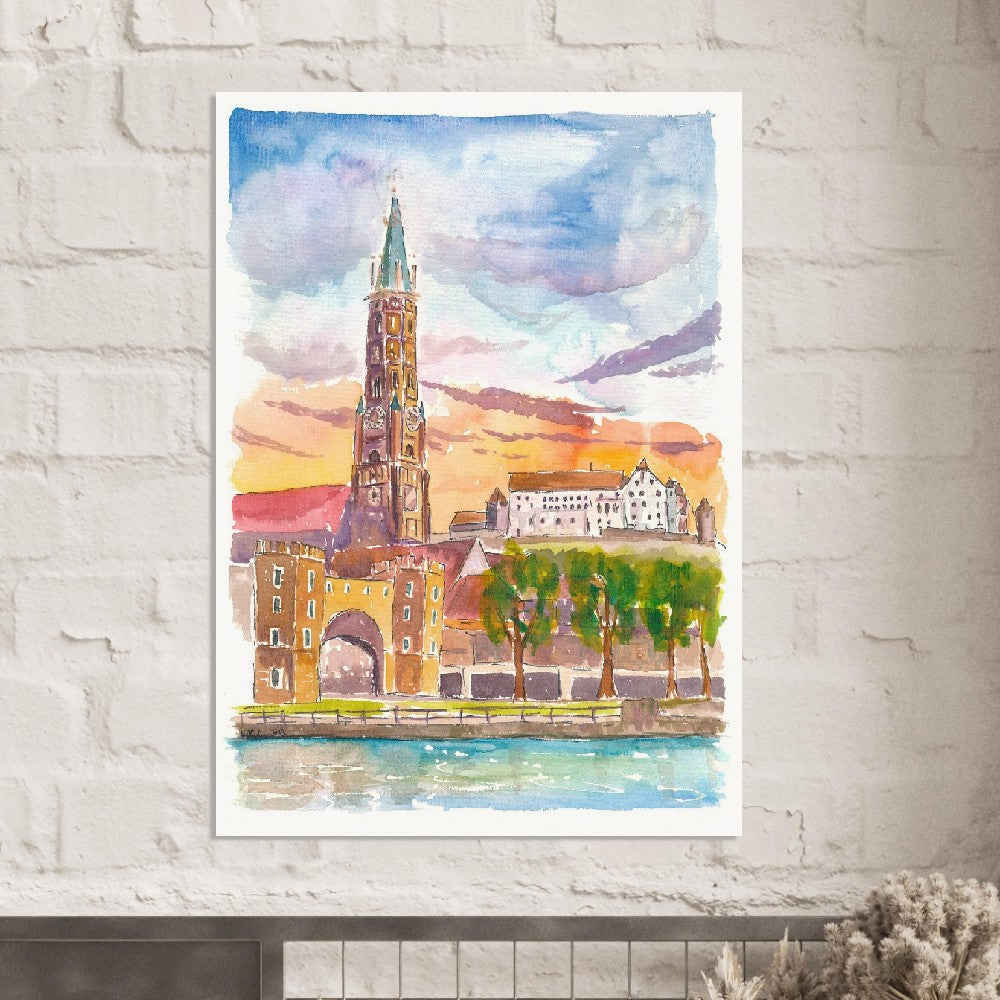 Landshut Bavaria Morning View of City Gate Church and Trausnitz - Limited Edition Fine Art Print - Original Painting available