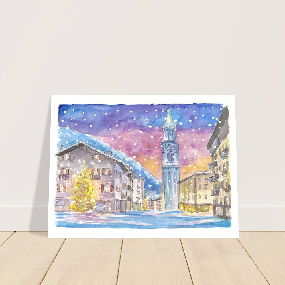Cortina D'Ampezzo Dolomite Winter Charm in Nightly Mountains - Limited Edition Fine Art Print - Original Painting available