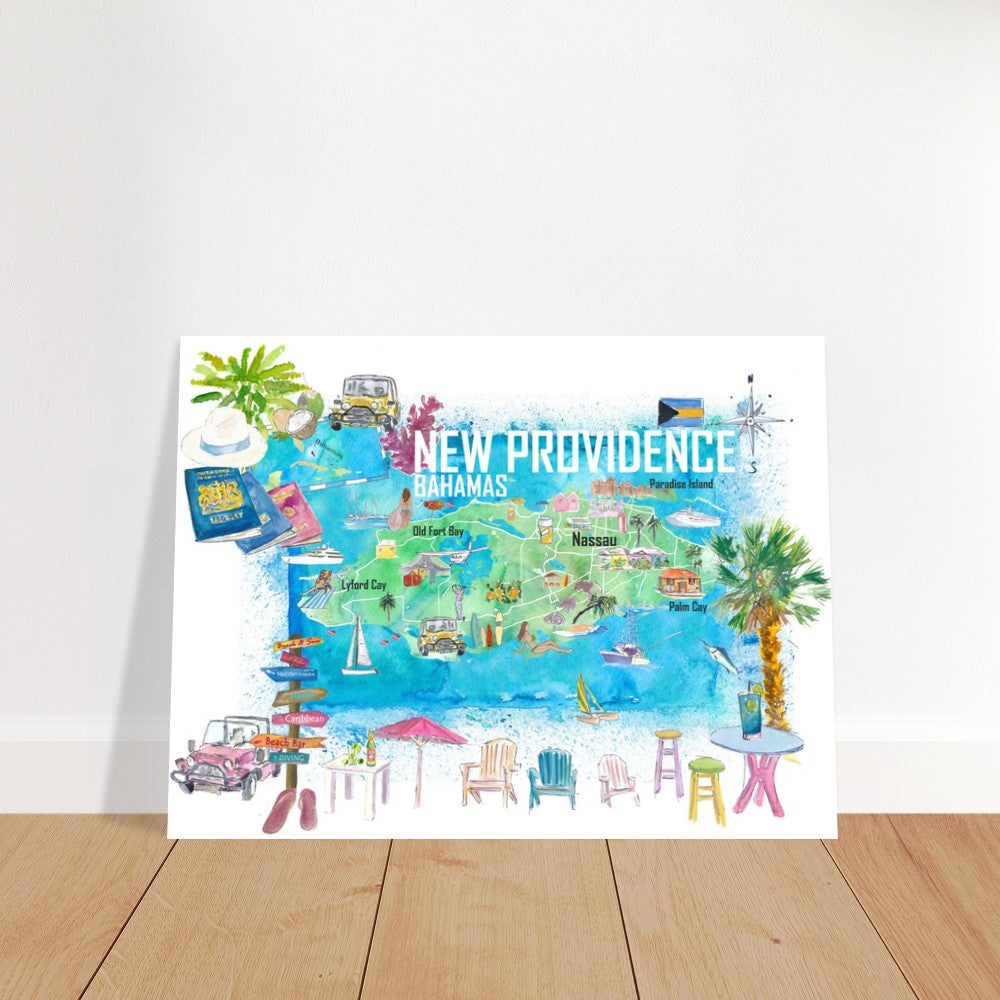 New Providence Bahamas Illustrated Island Travel Map with Landmarks and Highlights - Fine Art Print