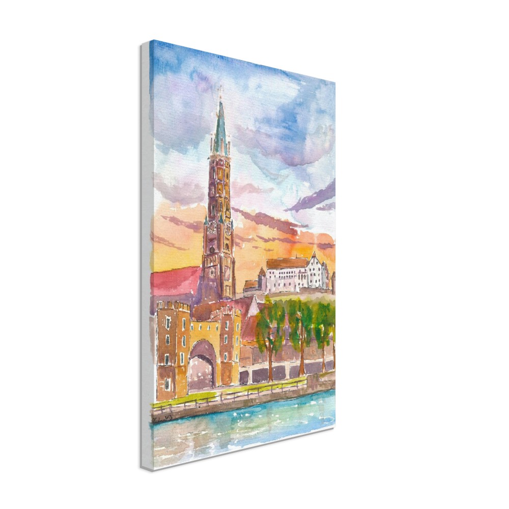 Landshut Bavaria Morning View of City Gate Church and Trausnitz - Limited Edition Fine Art Print - Original Painting available