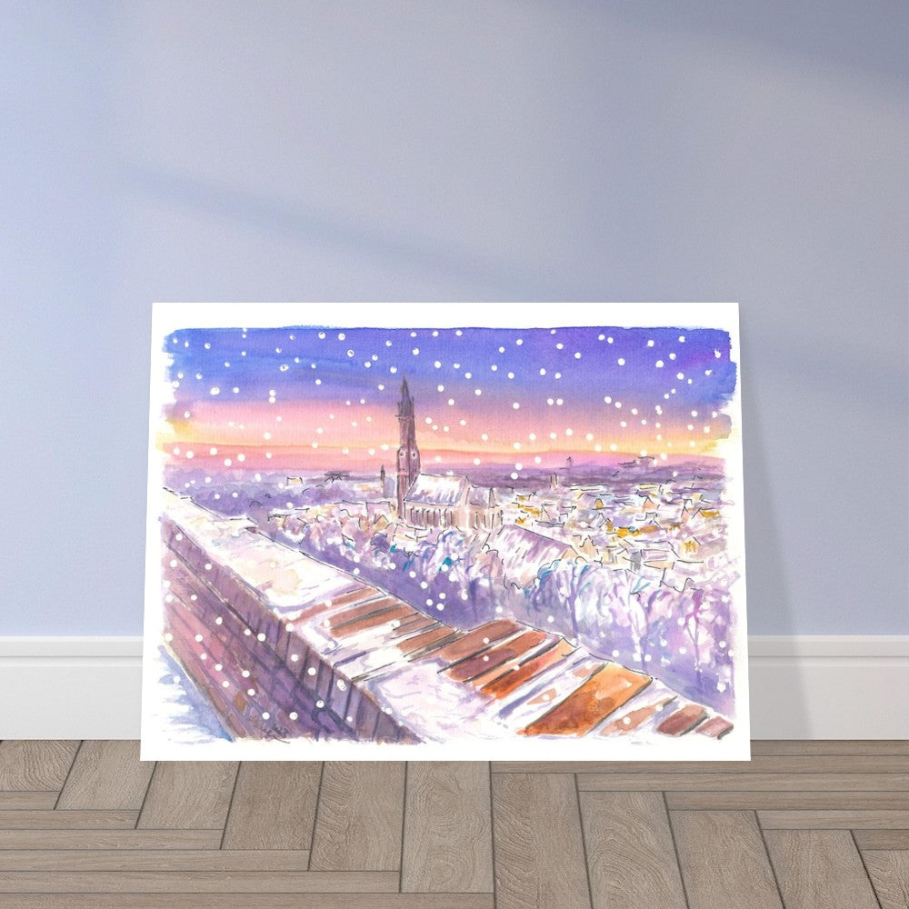Nightly Landshut Schanzl View Snowing in Winter - Limited Edition Fine Art Print - Original Painting available