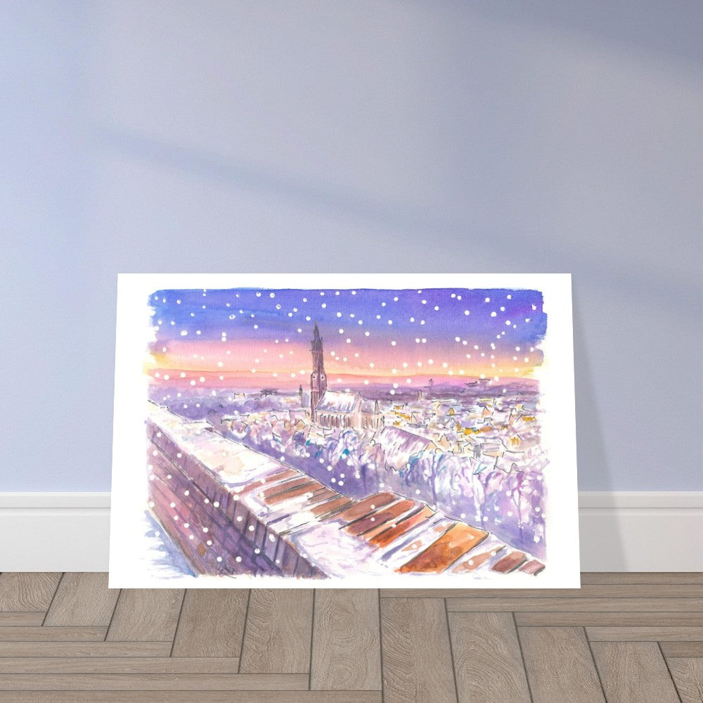 Nightly Landshut Schanzl View Snowing in Winter - Limited Edition Fine Art Print - Original Painting available