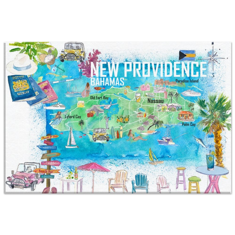 New Providence Bahamas Illustrated Island Travel Map with Landmarks and Highlights - Fine Art Print