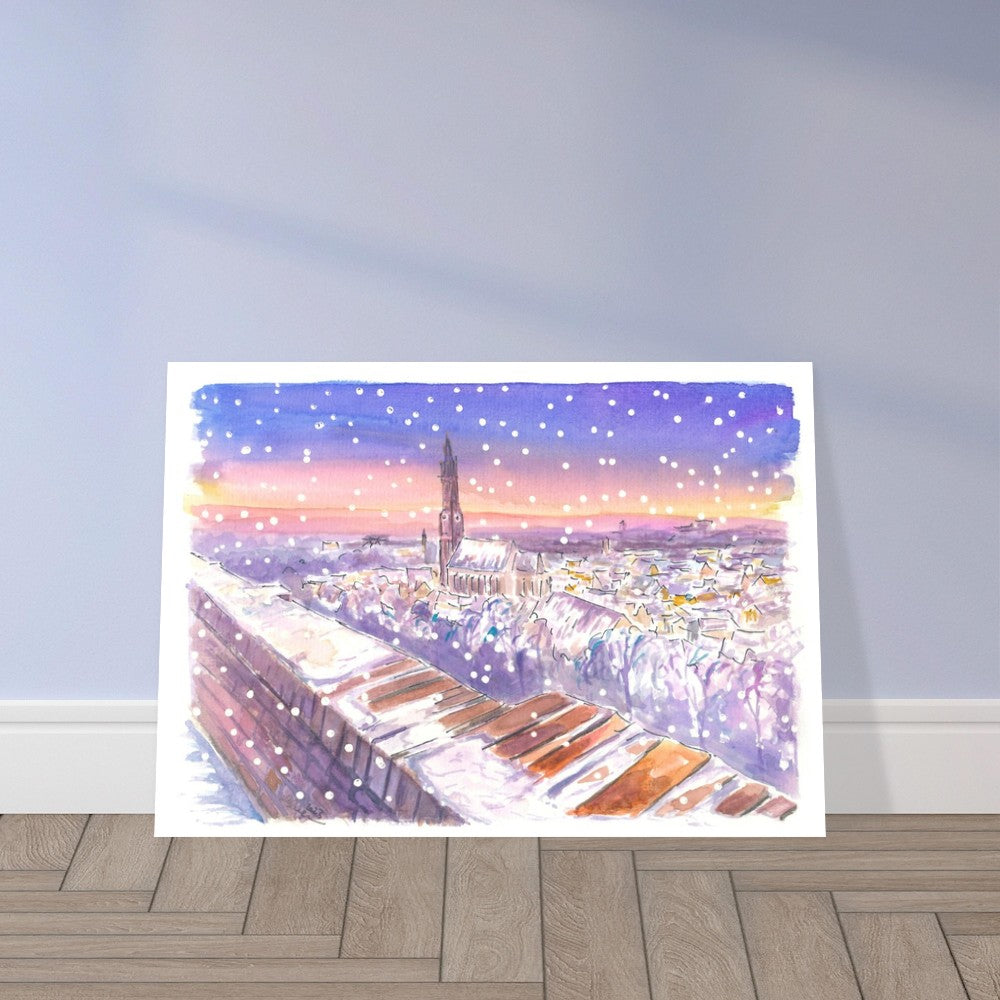 Nightly Landshut Schanzl View Snowing in Winter - Limited Edition Fine Art Print - Original Painting available
