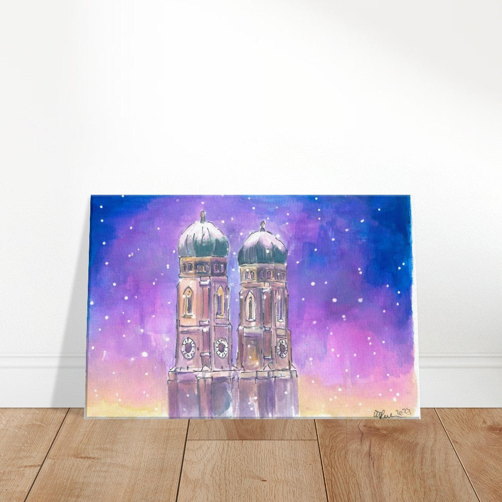 Quiet Munich Nightly Snowfall with Church of our Lady - Limited Edition Fine Art Print - Original Painting available