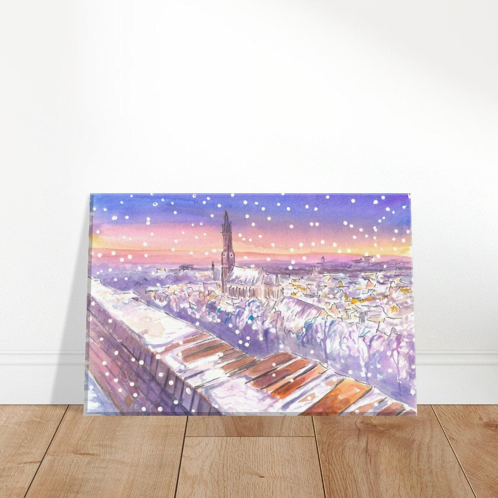 Nightly Landshut Schanzl View Snowing in Winter - Limited Edition Fine Art Print - Original Painting available
