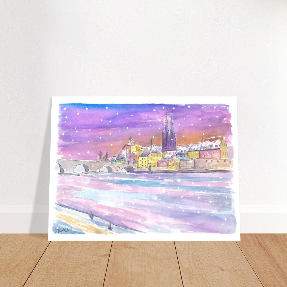 Winter Dawn in Regensburg Bavaria with Danube Stone Bridge and Cathedral - Limited Edition Fine Art Print - Original Painting available
