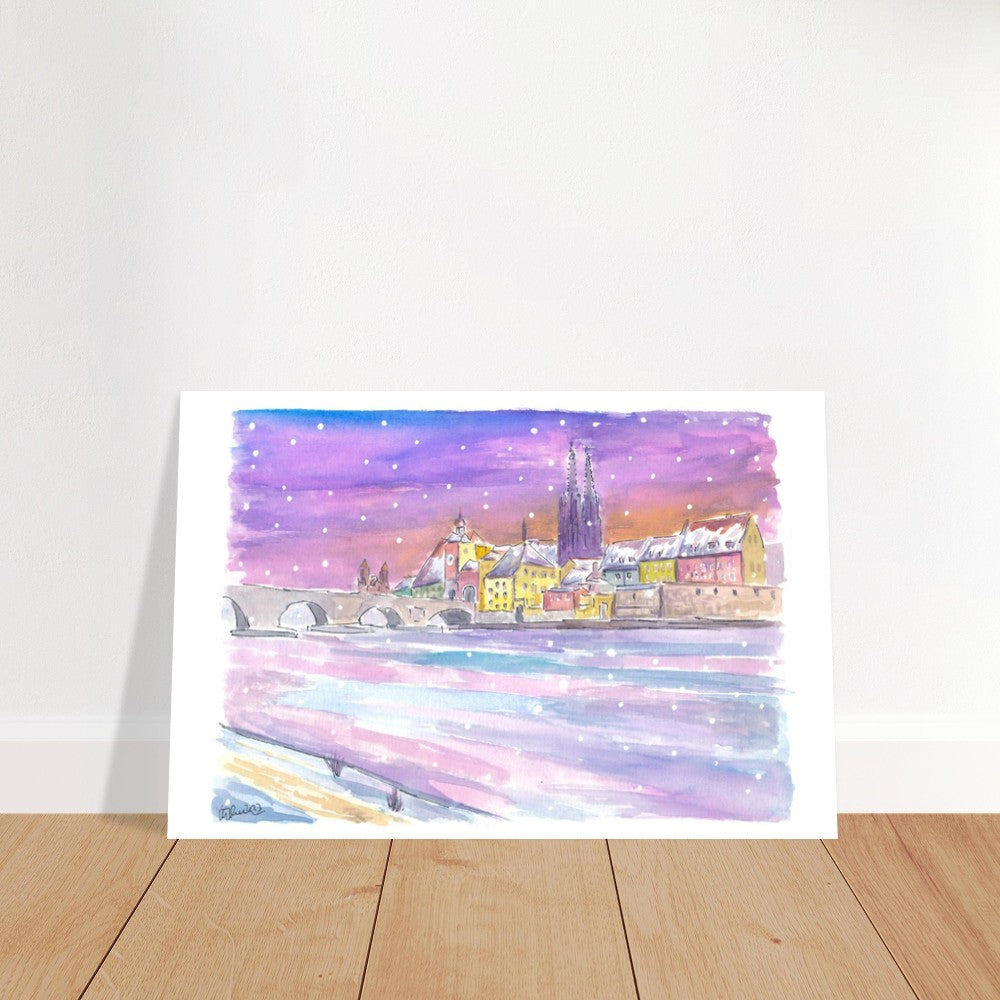 Winter Dawn in Regensburg Bavaria with Danube Stone Bridge and Cathedral - Limited Edition Fine Art Print - Original Painting available