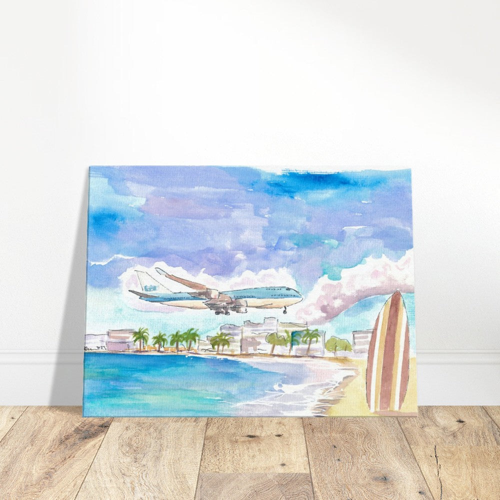 Fascinating Sint Maarten Maho Beach Scene with Plane Landing - Limited Edition Fine Art Print - Original Painting available