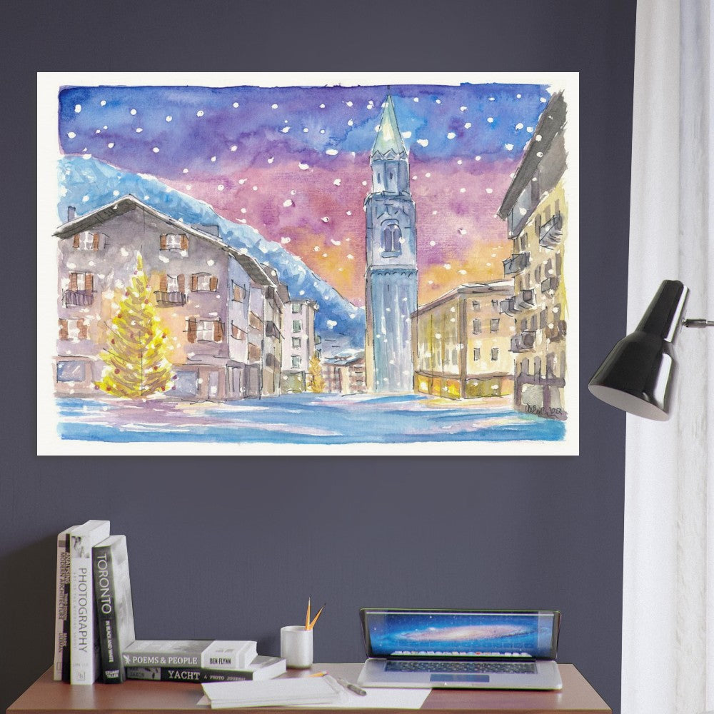 Cortina D'Ampezzo Dolomite Winter Charm in Nightly Mountains - Limited Edition Fine Art Print - Original Painting available