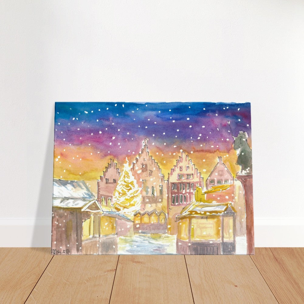 Frankfurt Germany Romantic Christmas Market at Night and Snowing - Limited Edition Fine Art Print - Original Painting available