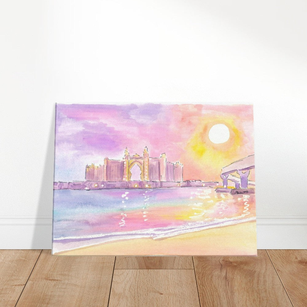 Dubai UAE Palm Crescent Sunset over Astonishing Hotel - Limited Edition Fine Art Print - Original Painting available