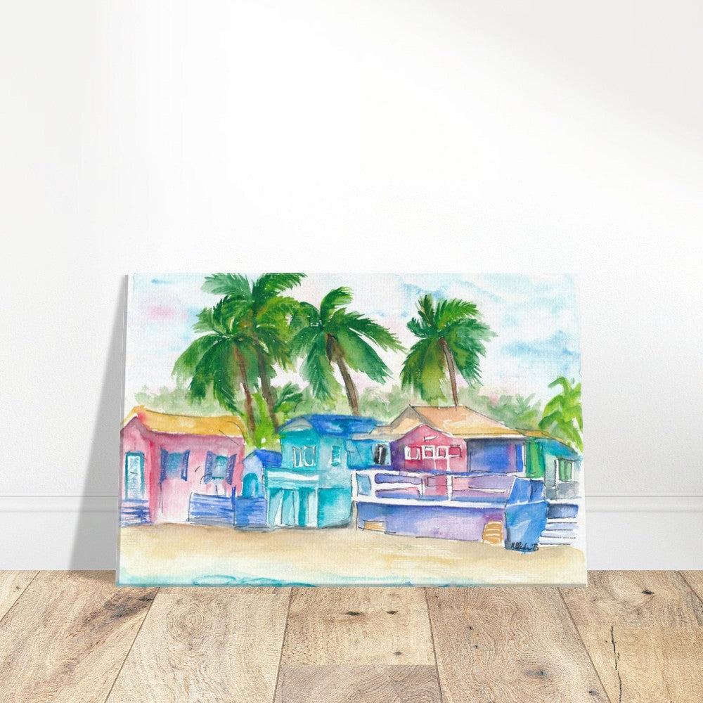 Colorful Tropical Houses at the Caribbean Dream Beach Island - Limited Edition Fine Art Print - Original Painting available
