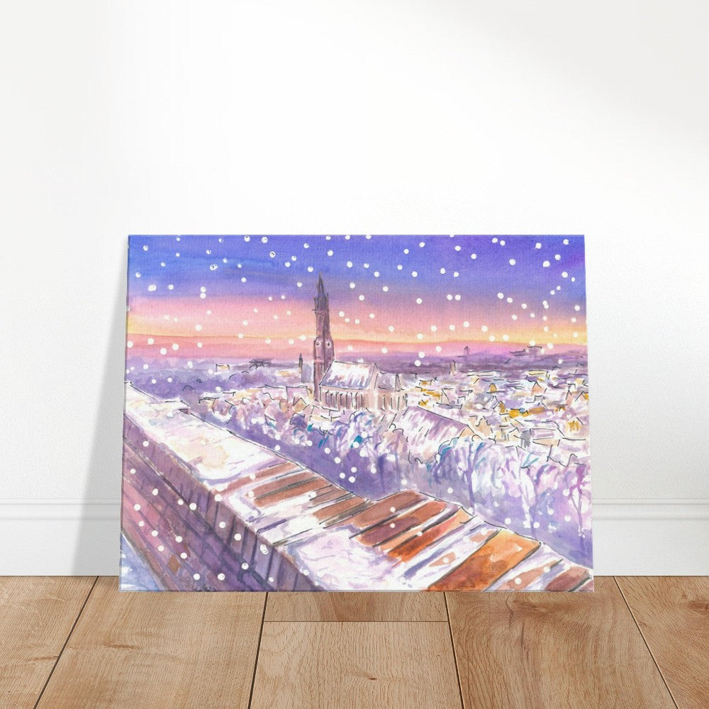 Nightly Landshut Schanzl View Snowing in Winter - Limited Edition Fine Art Print - Original Painting available