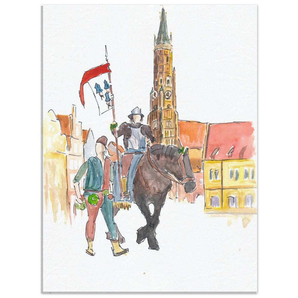 The Landshut city flag with bearer on horseback at Trinity Square - Limited Edition Fine Art Print -
