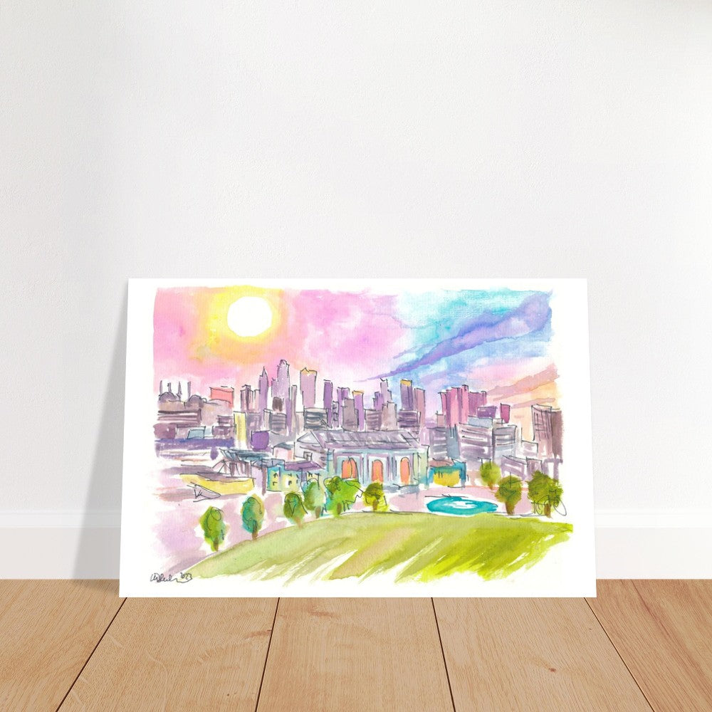 Kansas City Missouri Cityscape and Skyline in Watercolor Sunset - Limited Edition Fine Art Print - Original Painting available