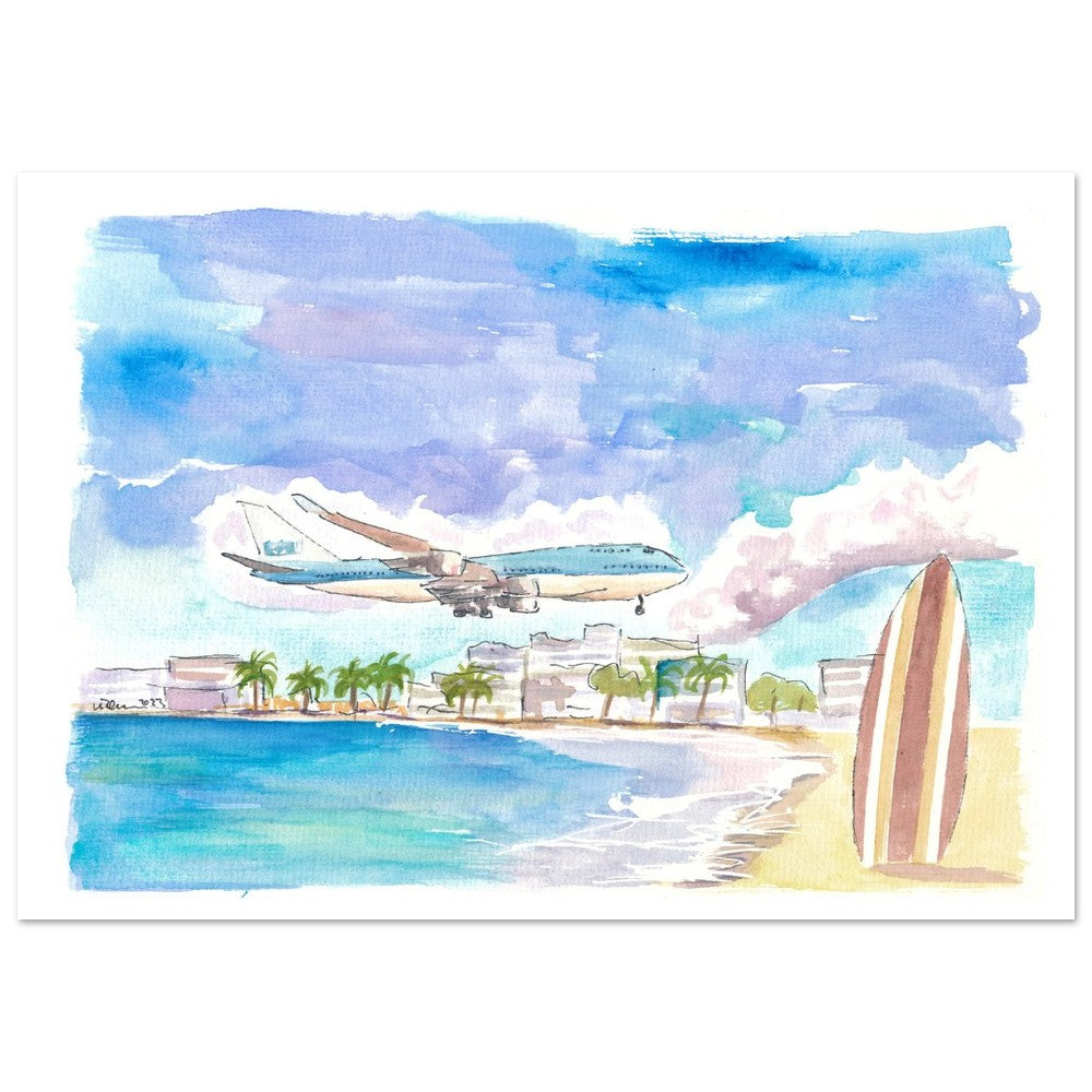 Fascinating Sint Maarten Maho Beach Scene with Plane Landing - Limited Edition Fine Art Print - Original Painting available