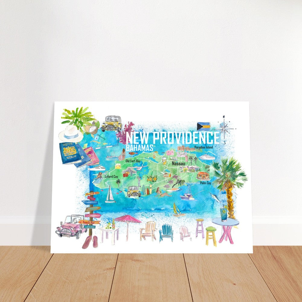 New Providence Bahamas Illustrated Island Travel Map with Landmarks and Highlights - Fine Art Print