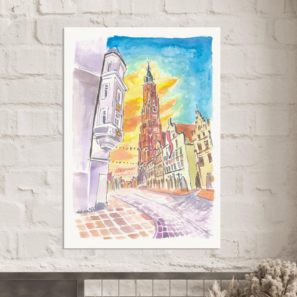 Festive Landshut Oldtown with Illuminated Clouds and Saint Martin at Sunset - Limited Edition Fine Art Print - Original Painting available