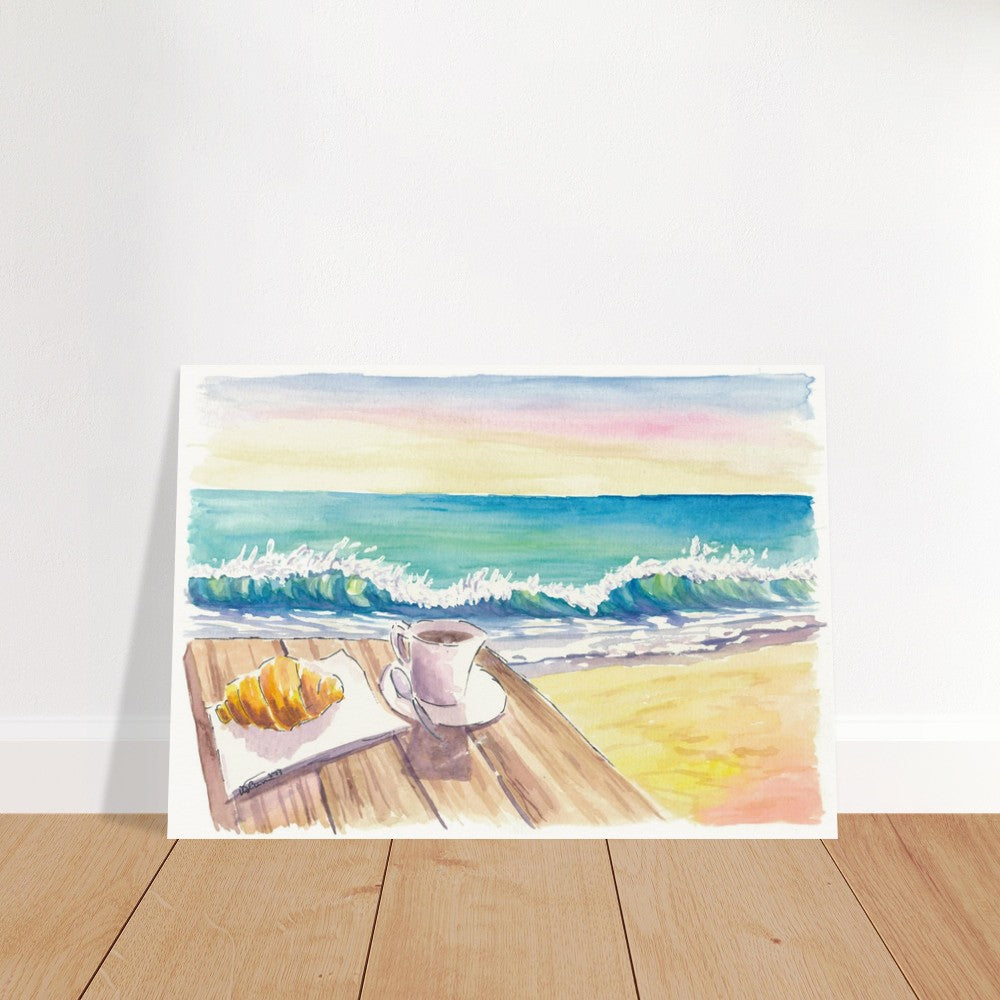 Beautiful Beach Morning with Coffee Brioche and Waves - Limited Edition Fine Art Print - Original Painting available