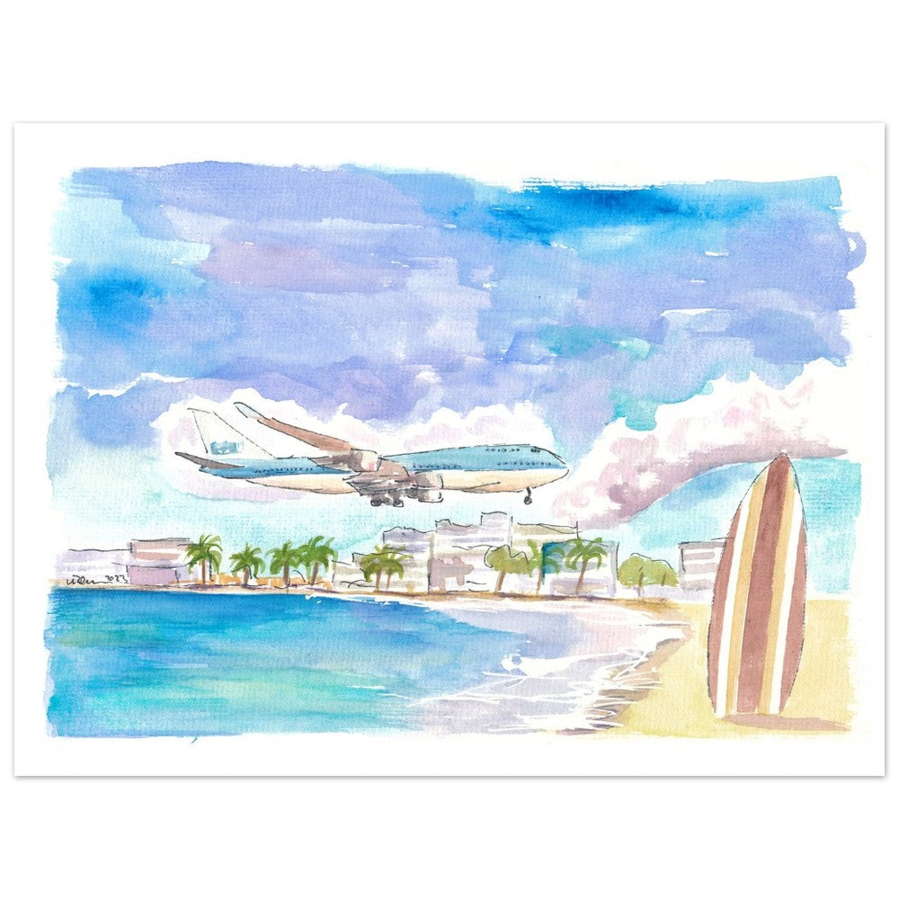 Fascinating Sint Maarten Maho Beach Scene with Plane Landing - Limited Edition Fine Art Print - Original Painting available