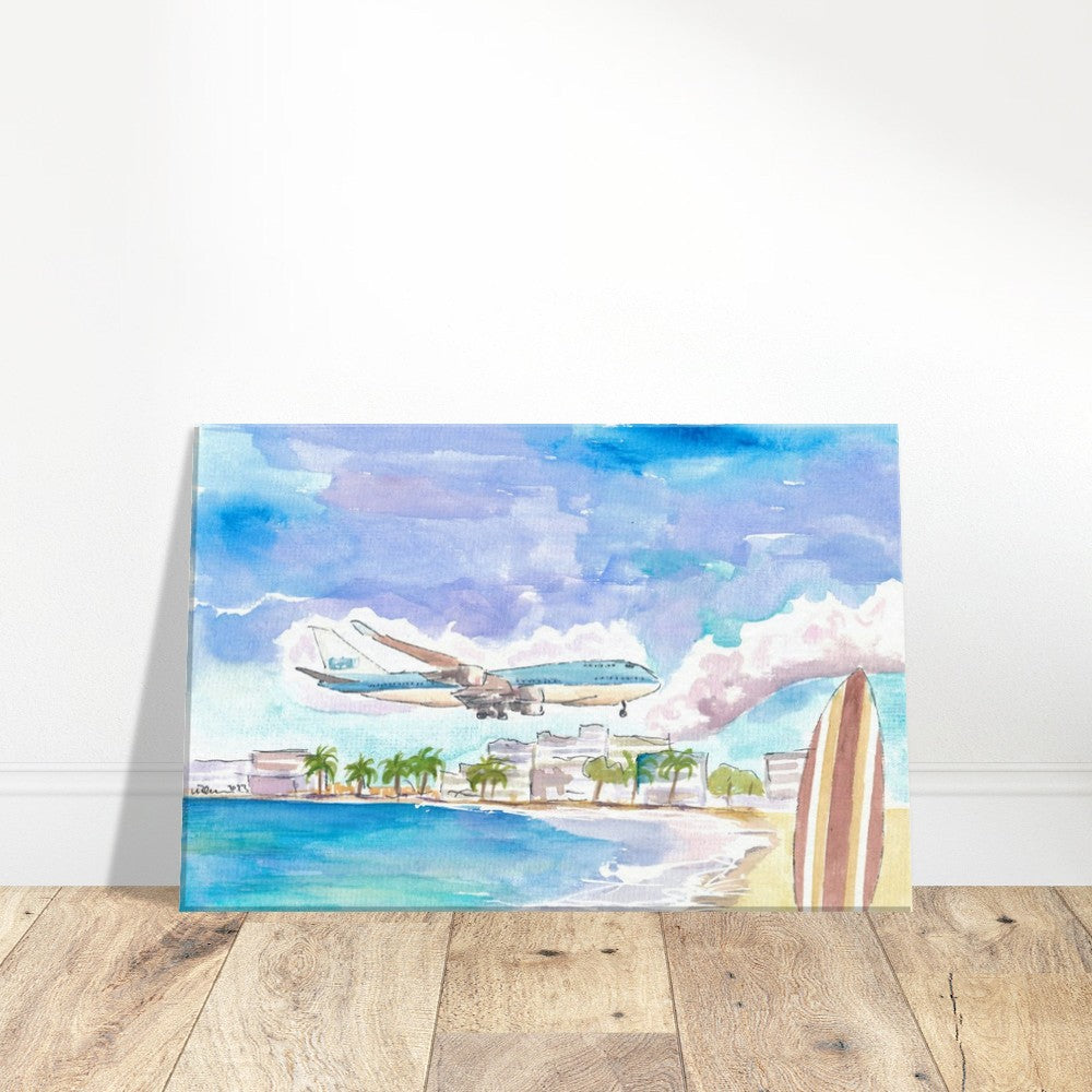 Fascinating Sint Maarten Maho Beach Scene with Plane Landing - Limited Edition Fine Art Print - Original Painting available