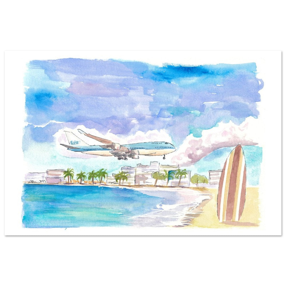 Fascinating Sint Maarten Maho Beach Scene with Plane Landing - Limited Edition Fine Art Print - Original Painting available