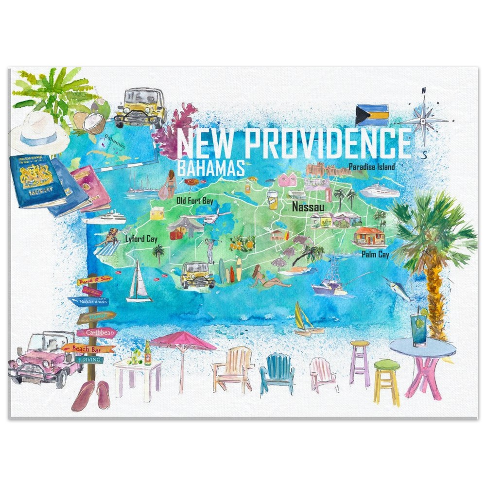 New Providence Bahamas Illustrated Island Travel Map with Landmarks and Highlights - Fine Art Print