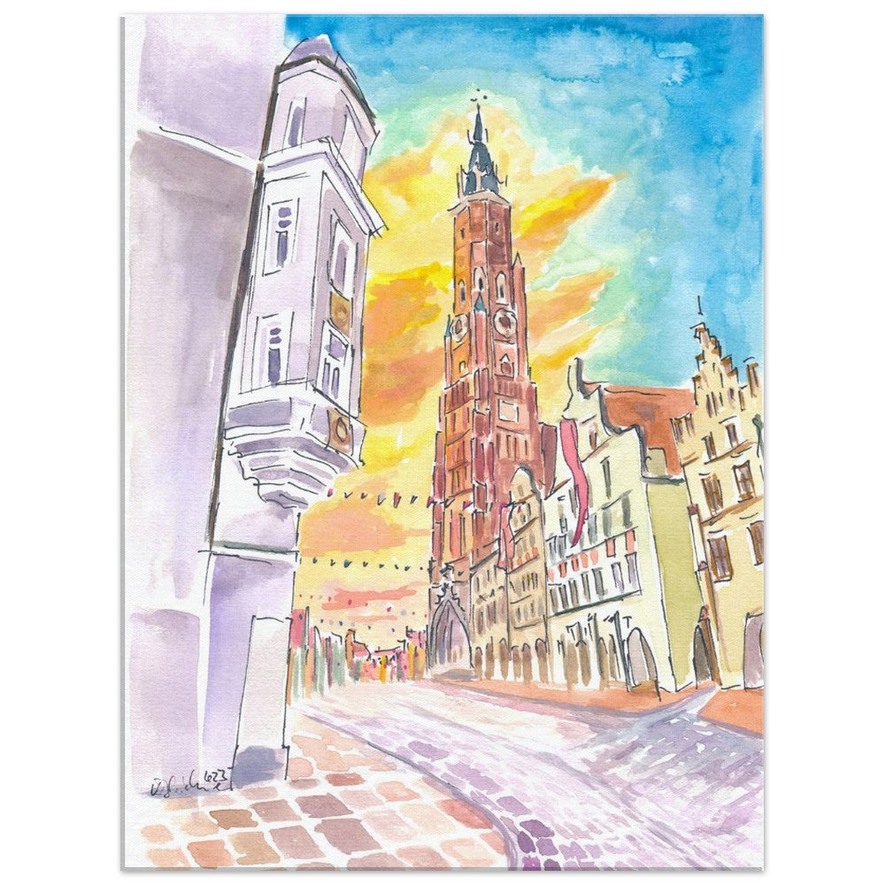 Festive Landshut Oldtown with Illuminated Clouds and Saint Martin at Sunset - Limited Edition Fine Art Print - Original Painting available