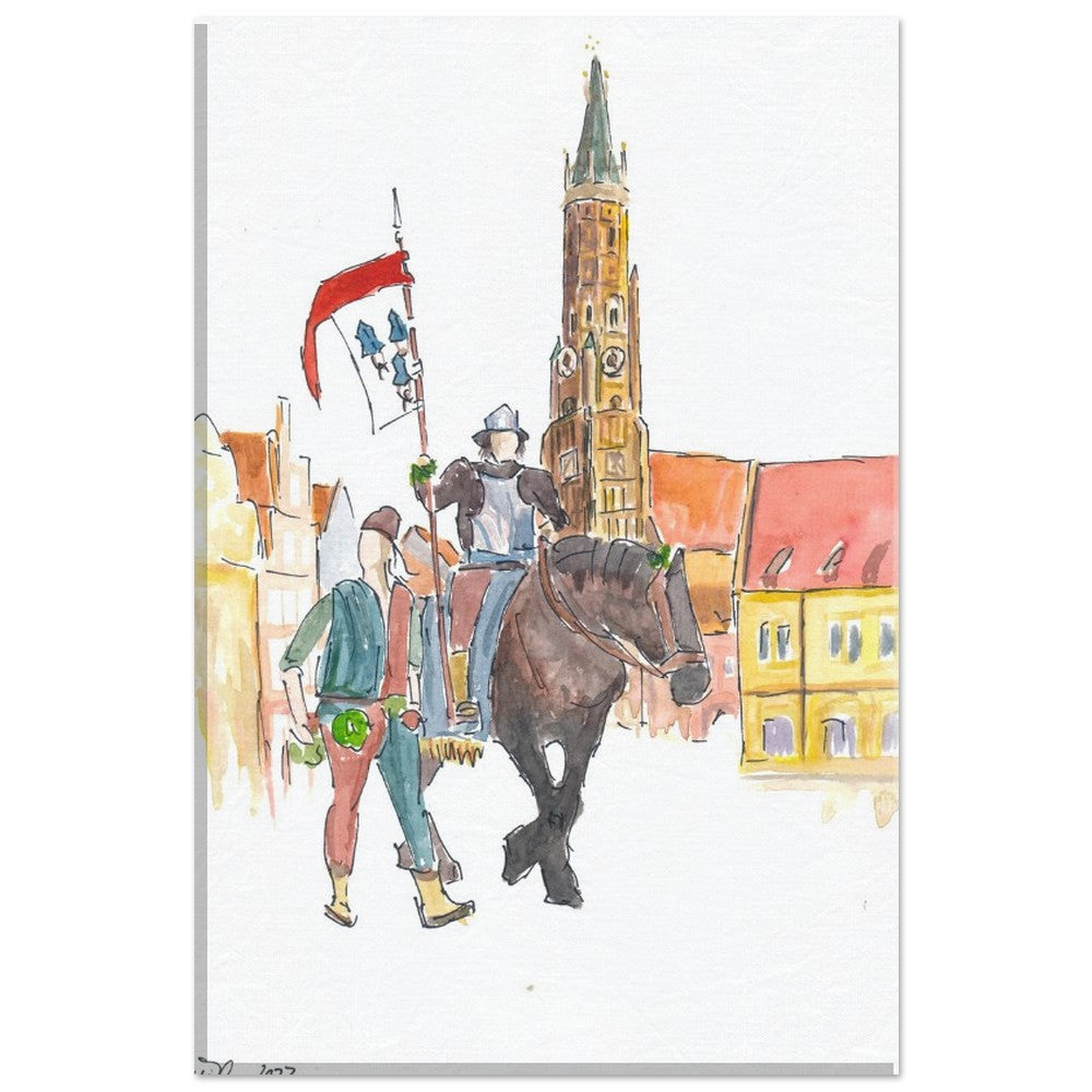 The Landshut city flag with bearer on horseback at Trinity Square - Limited Edition Fine Art Print -