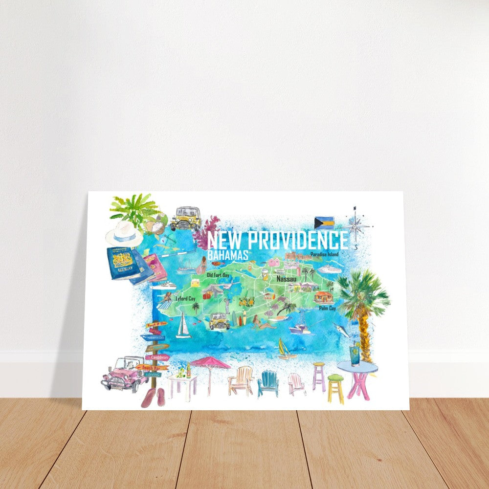 New Providence Bahamas Illustrated Island Travel Map with Landmarks and Highlights - Fine Art Print