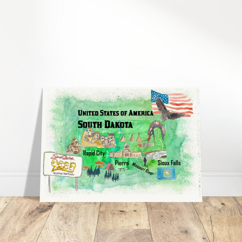 South Dakota Illustrated US State Travel Map with Highlights
