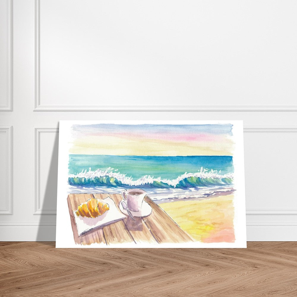 Beautiful Beach Morning with Coffee Brioche and Waves - Limited Edition Fine Art Print - Original Painting available