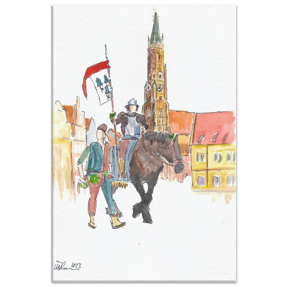 The Landshut city flag with bearer on horseback at Trinity Square - Limited Edition Fine Art Print -