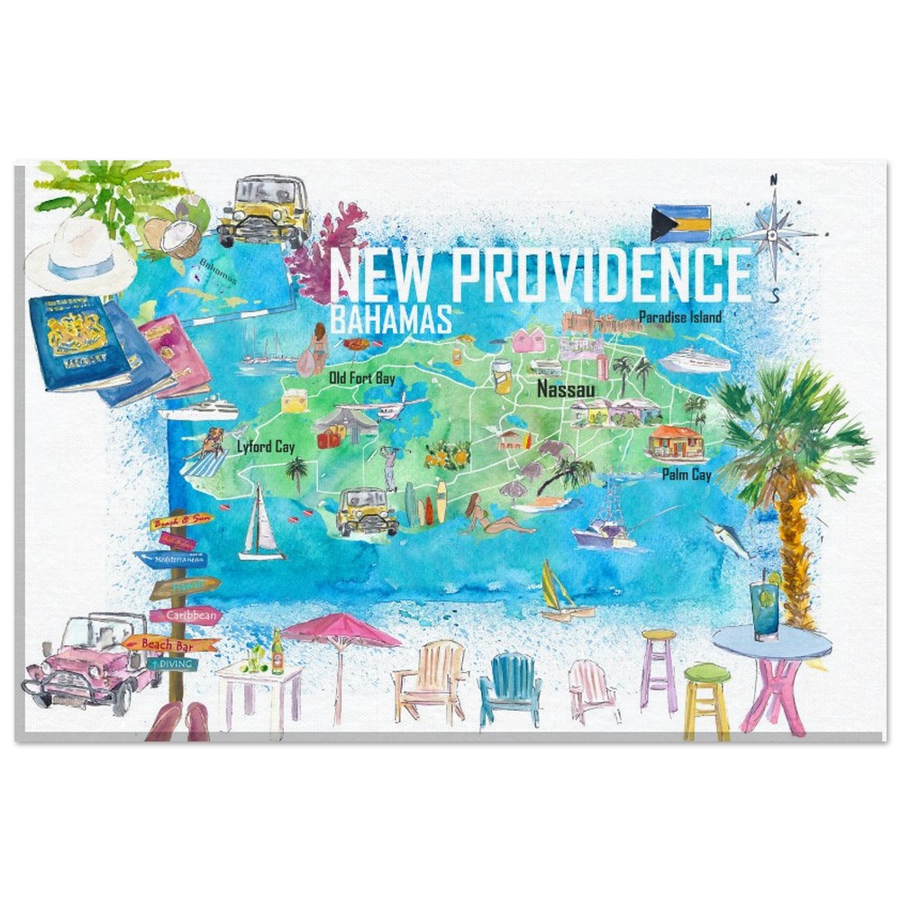 New Providence Bahamas Illustrated Island Travel Map with Landmarks and Highlights - Fine Art Print