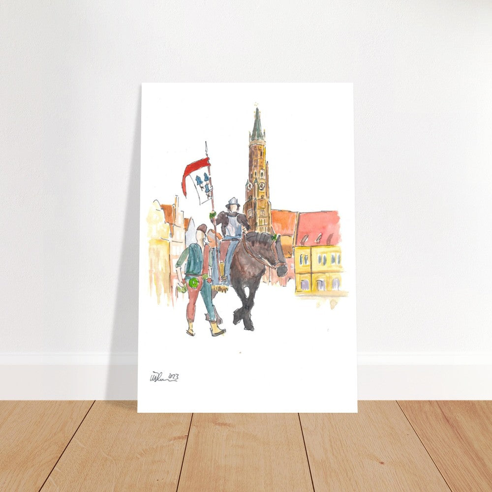 The Landshut city flag with bearer on horseback at Trinity Square - Limited Edition Fine Art Print -
