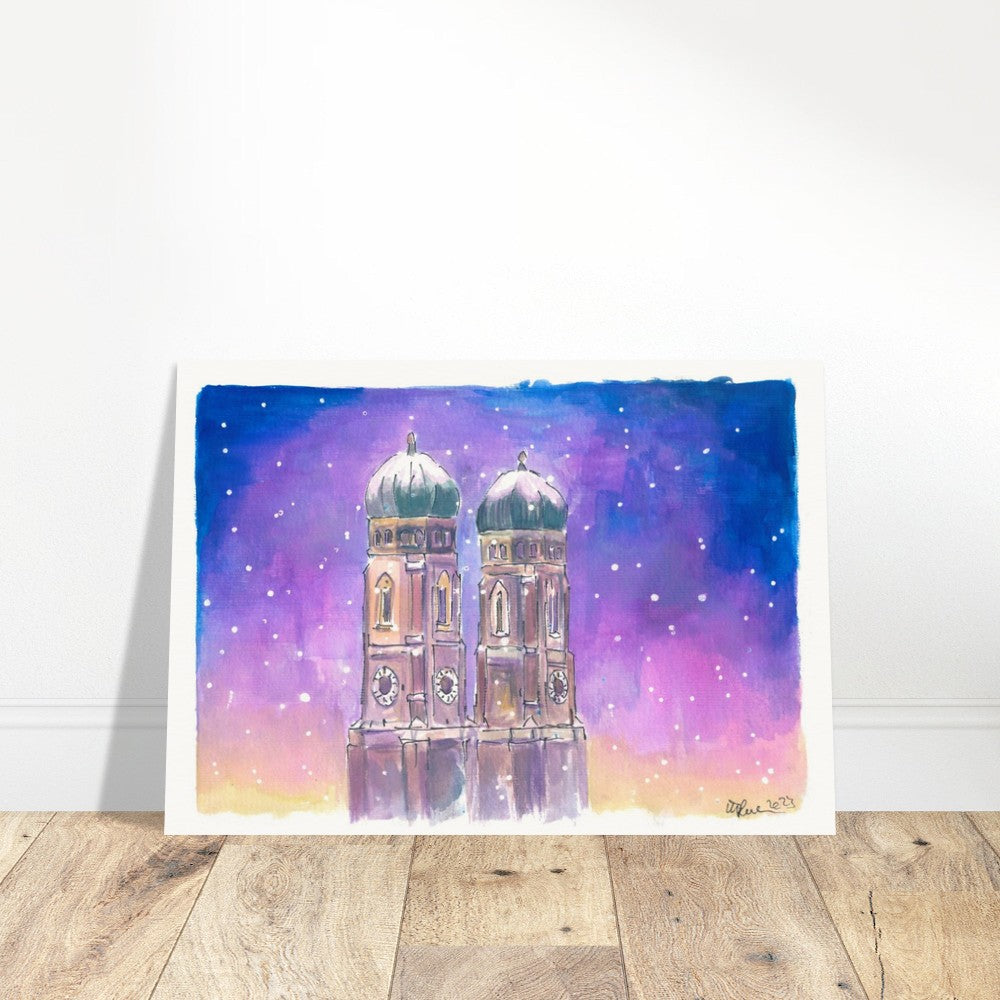 Quiet Munich Nightly Snowfall with Church of our Lady - Limited Edition Fine Art Print - Original Painting available