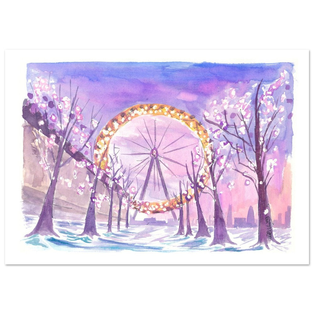 London England View of Eye in Winter with Snow South Bank - Limited Edition Fine Art Print -