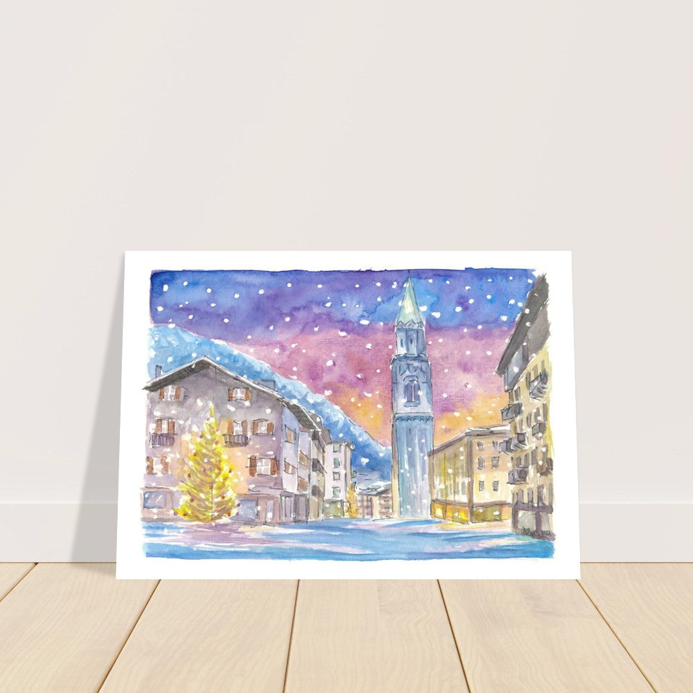 Cortina D'Ampezzo Dolomite Winter Charm in Nightly Mountains - Limited Edition Fine Art Print - Original Painting available