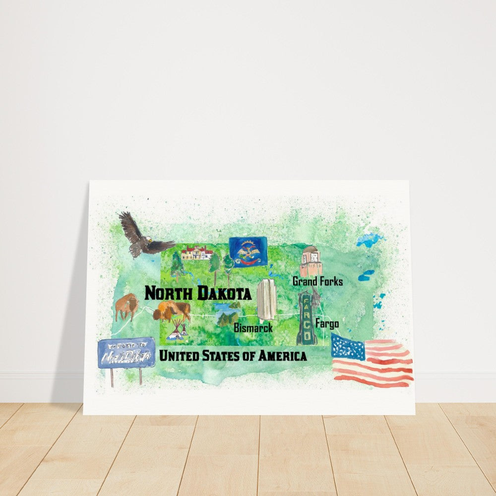 North Dakota Illustrated US State Travel Map with Highlights
