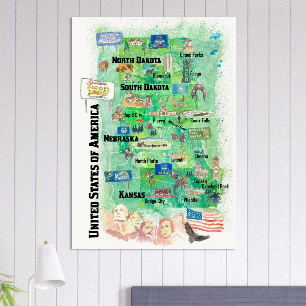 Nebraska Kansas and The Dakotas Illustrated USA Travel Map