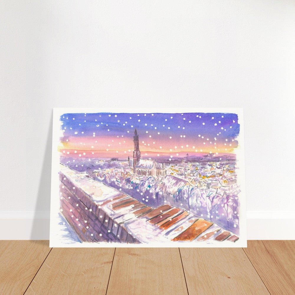 Nightly Landshut Schanzl View Snowing in Winter - Limited Edition Fine Art Print - Original Painting available