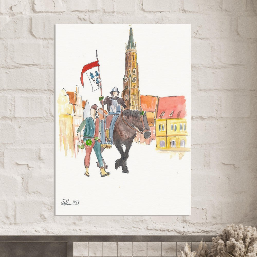 The Landshut city flag with bearer on horseback at Trinity Square - Limited Edition Fine Art Print -