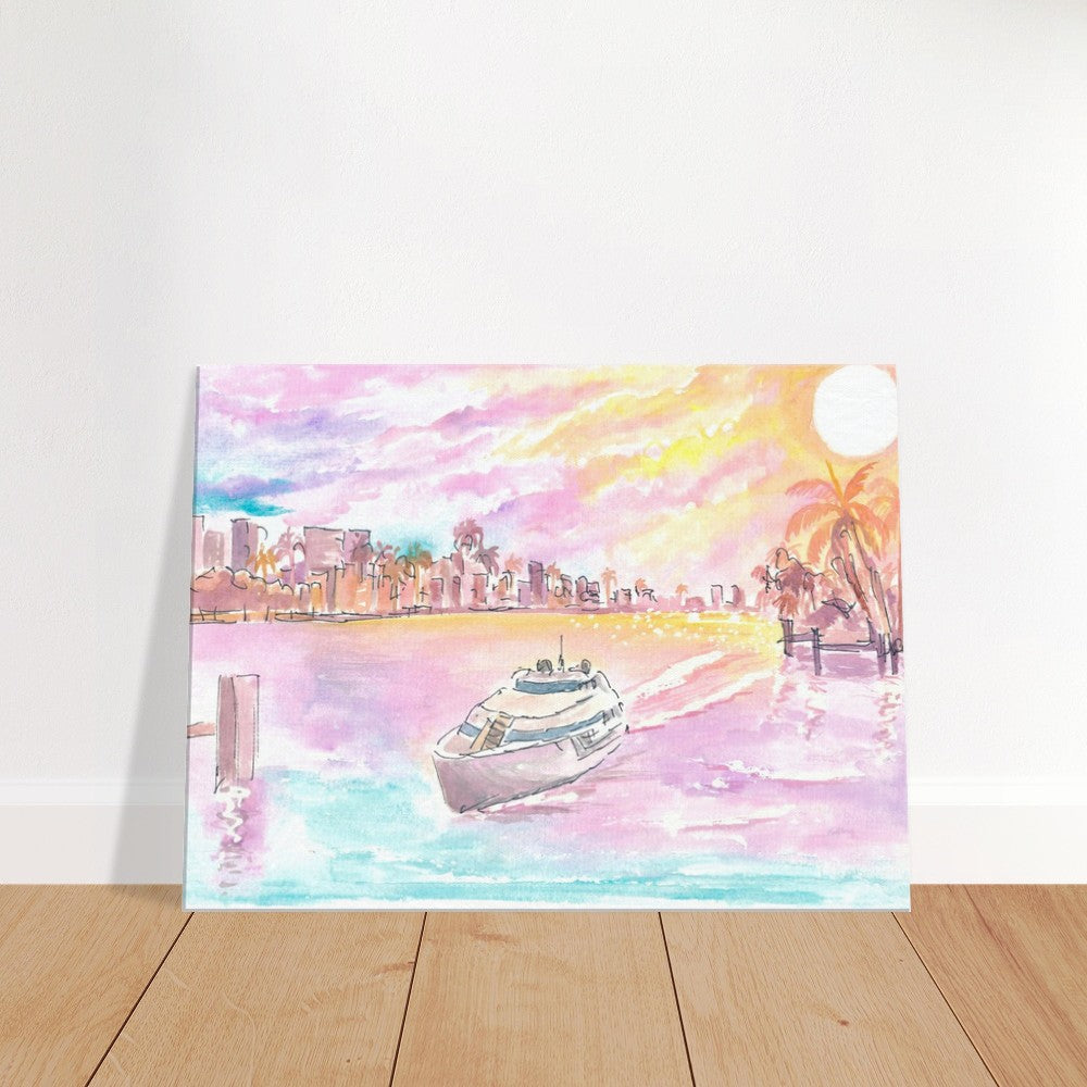 Boca Raton Sunrise with Yacht Canal and Skyline - Limited Edition Fine Art Print - Original Painting available
