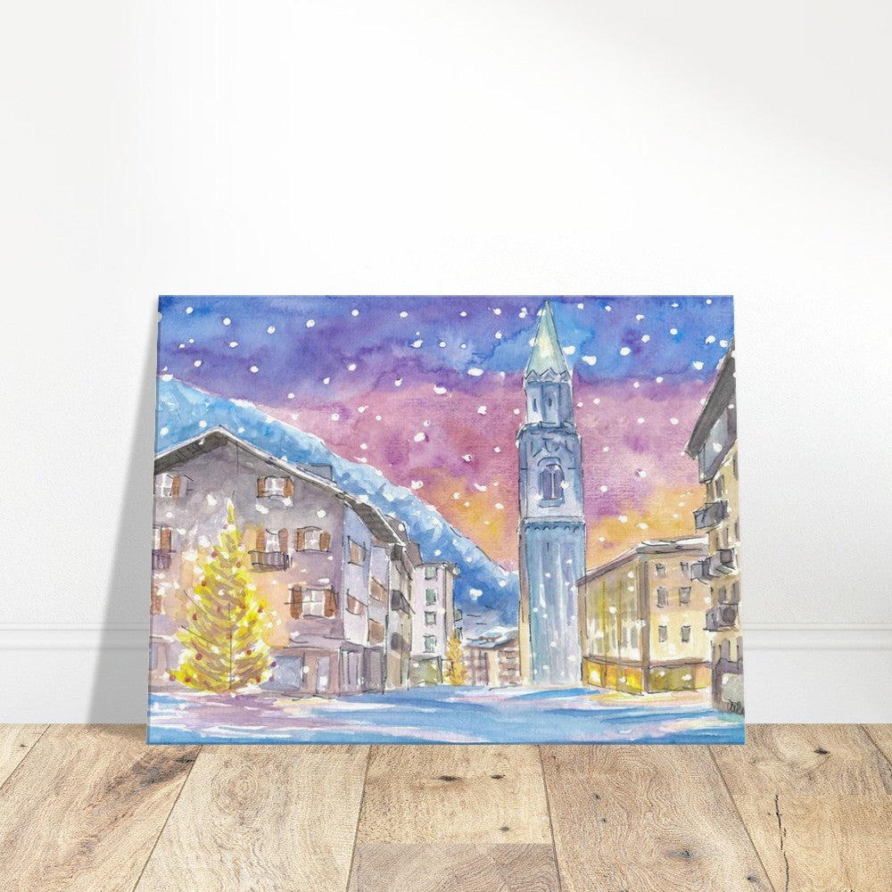 Cortina D'Ampezzo Dolomite Winter Charm in Nightly Mountains - Limited Edition Fine Art Print - Original Painting available